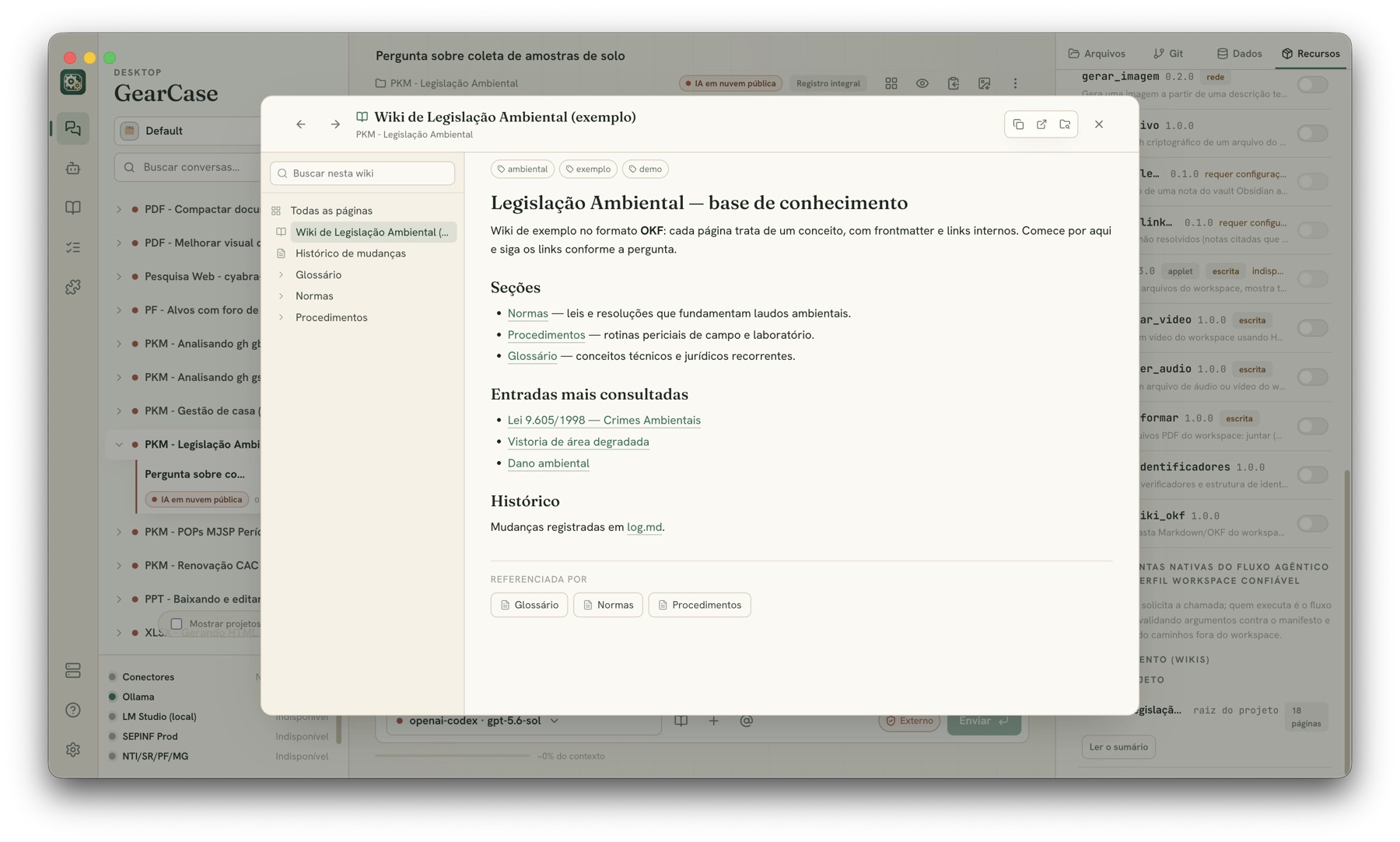 Visualizador de wiki aberto sobre a conversa, mostrando a página inicial de uma base de conhecimento com seções e links.