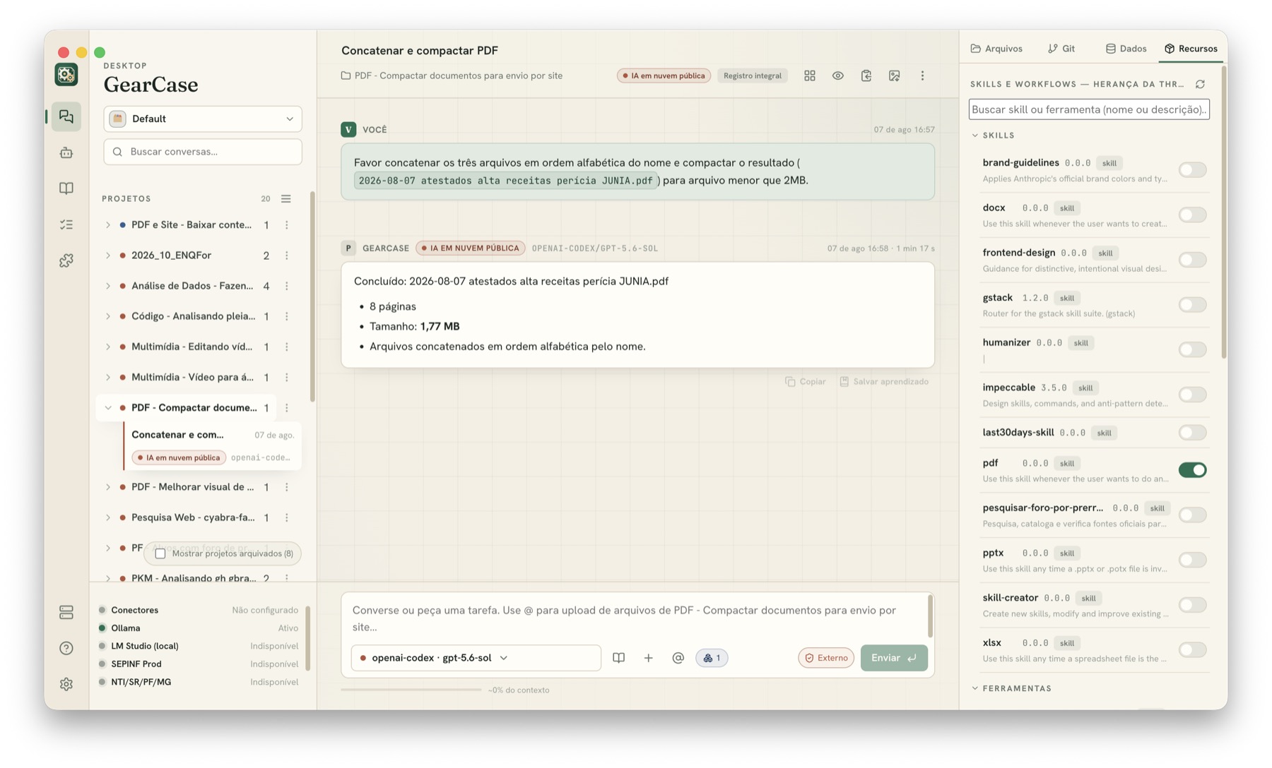 Concatenação e compactação de PDFs dentro de uma conversa do GearCase.