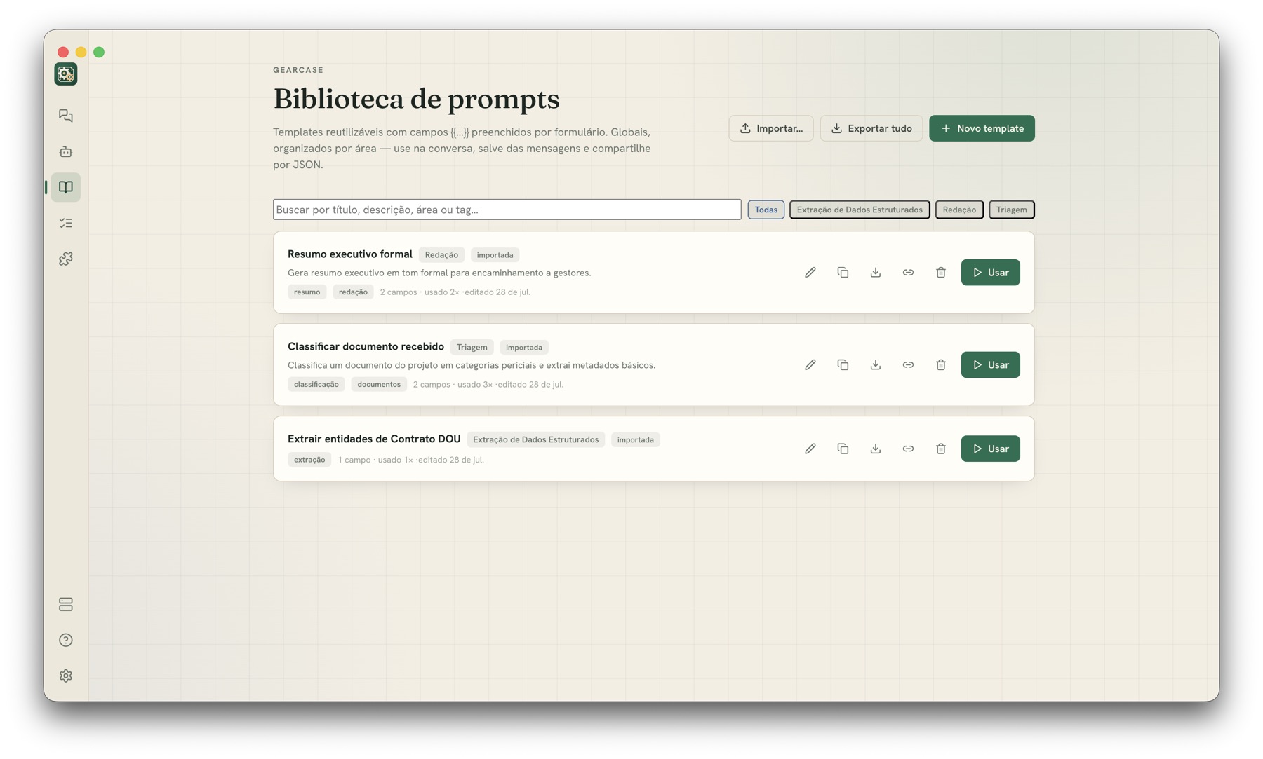 Biblioteca de prompts do GearCase, com templates reutilizáveis organizados por área.