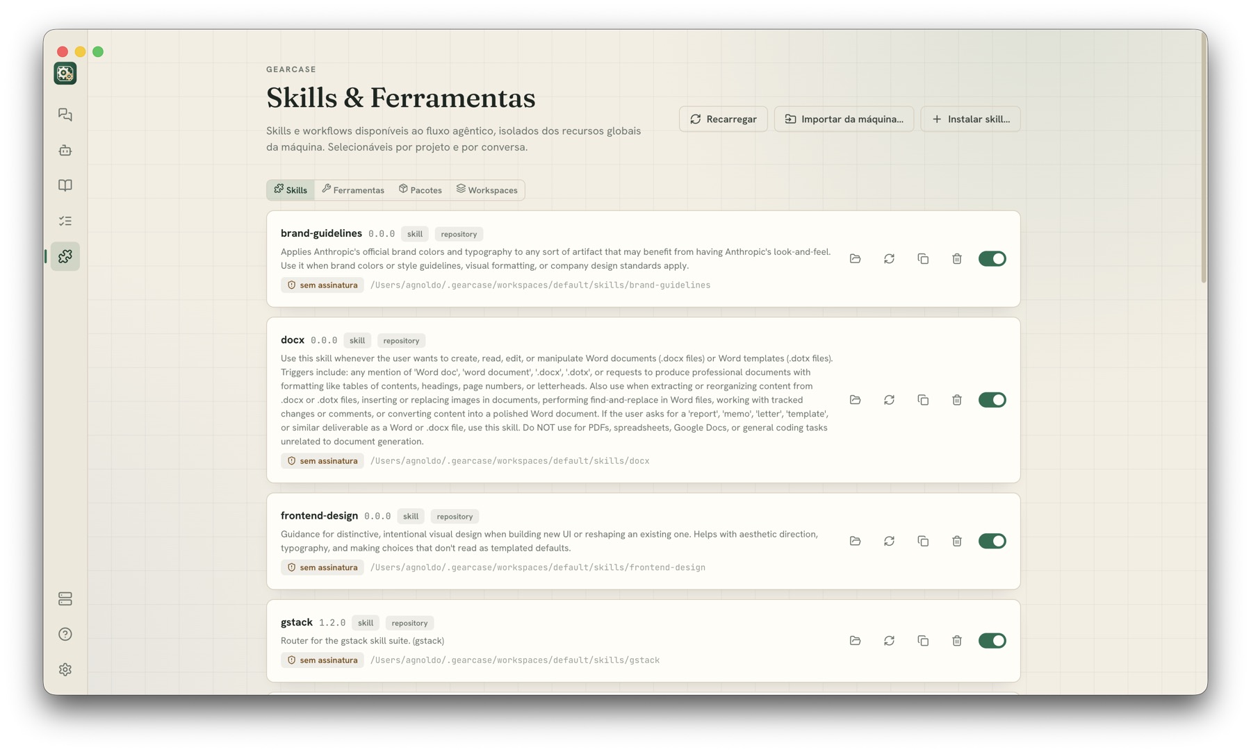Tela Skills e Ferramentas do GearCase, com pacotes instalados e chaves para habilitar cada um.